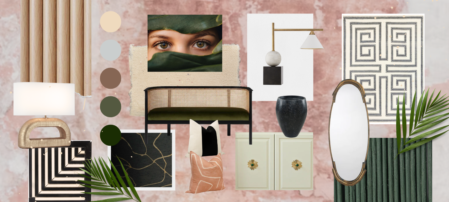 Interior design mood board with fabric, stone, timber and brass samples